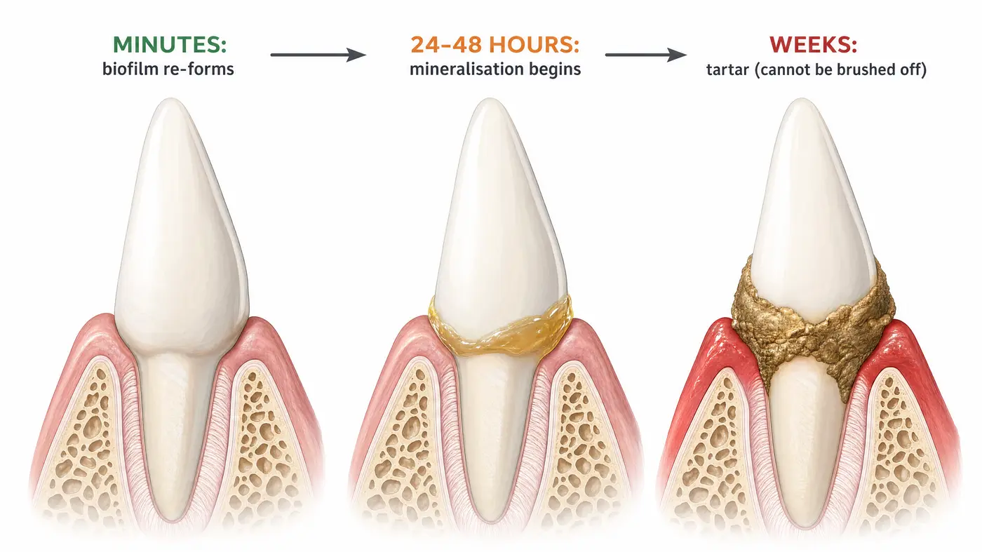 Diagram: biofilm re-forms within minutes, mineralisation begins within 24 to 48 hours, tartar forms within weeks and cannot be brushed off