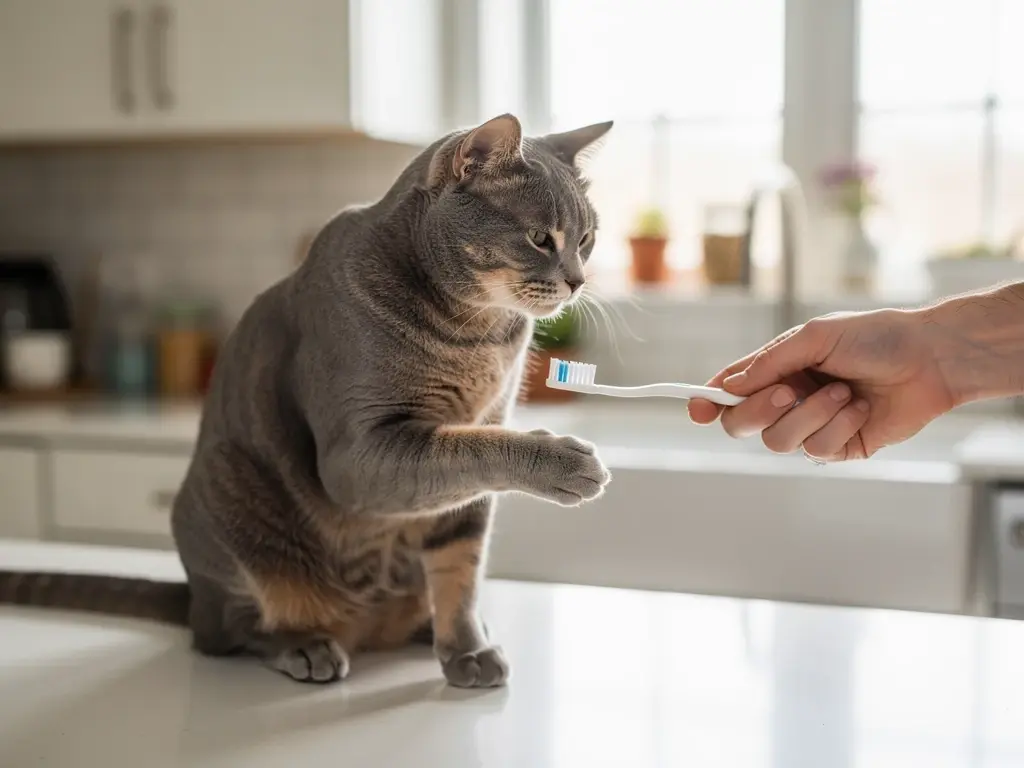 A cat turning its head firmly away from an offered toothbrush