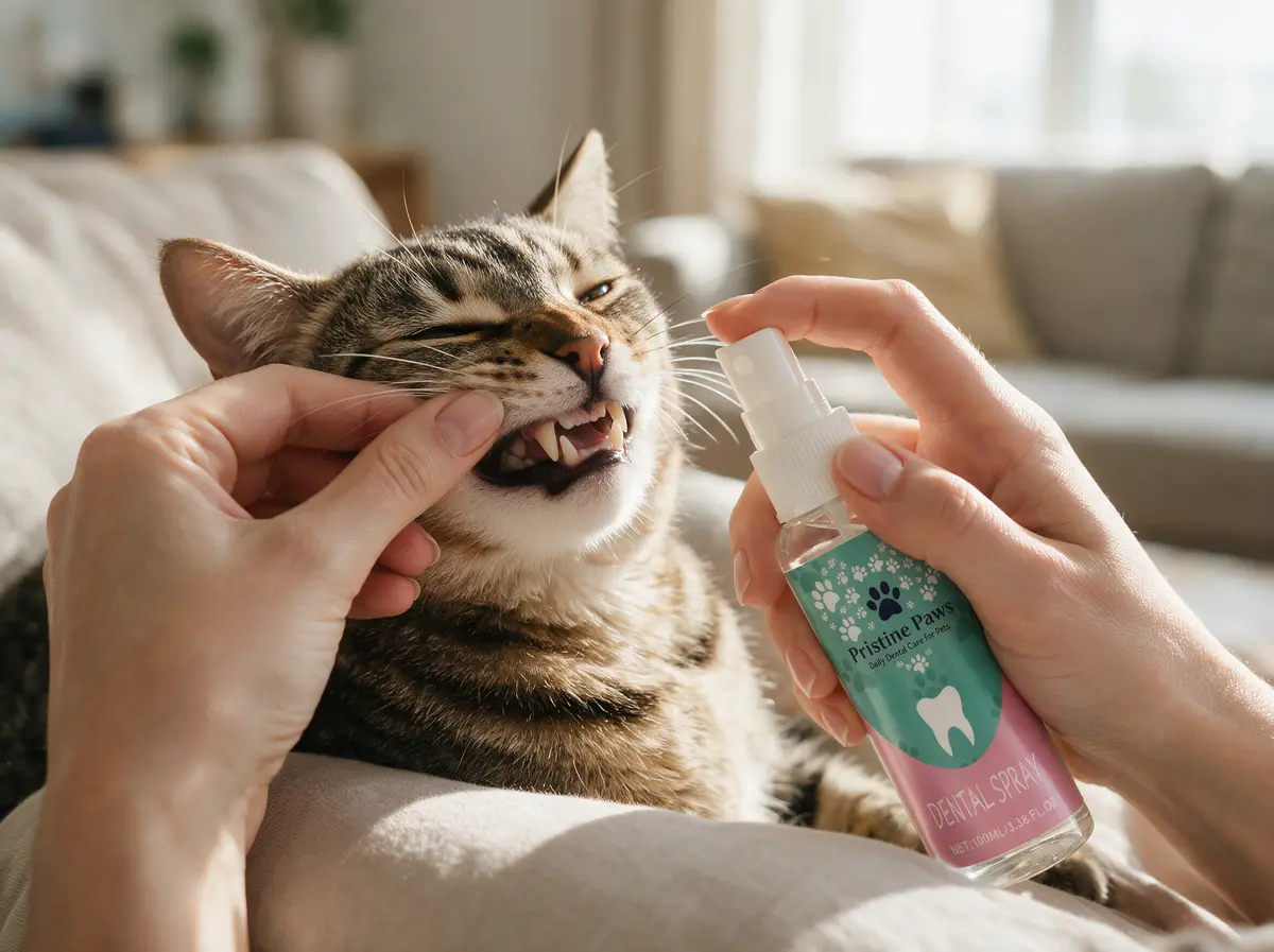 A 3-second application of Pristine Paws spray to a relaxed cat