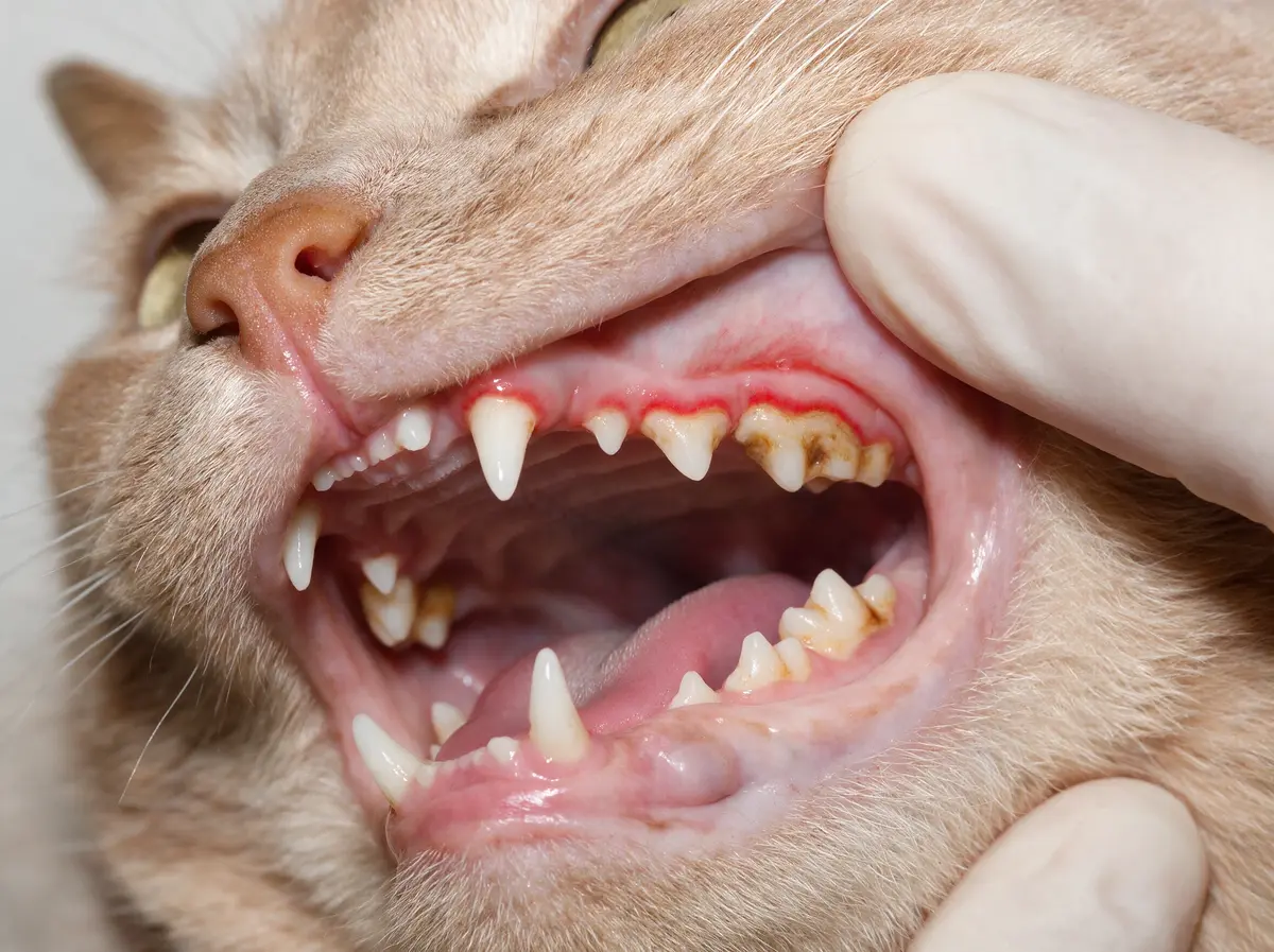 Close-up of a cat's teeth showing tartar buildup and a red gumline