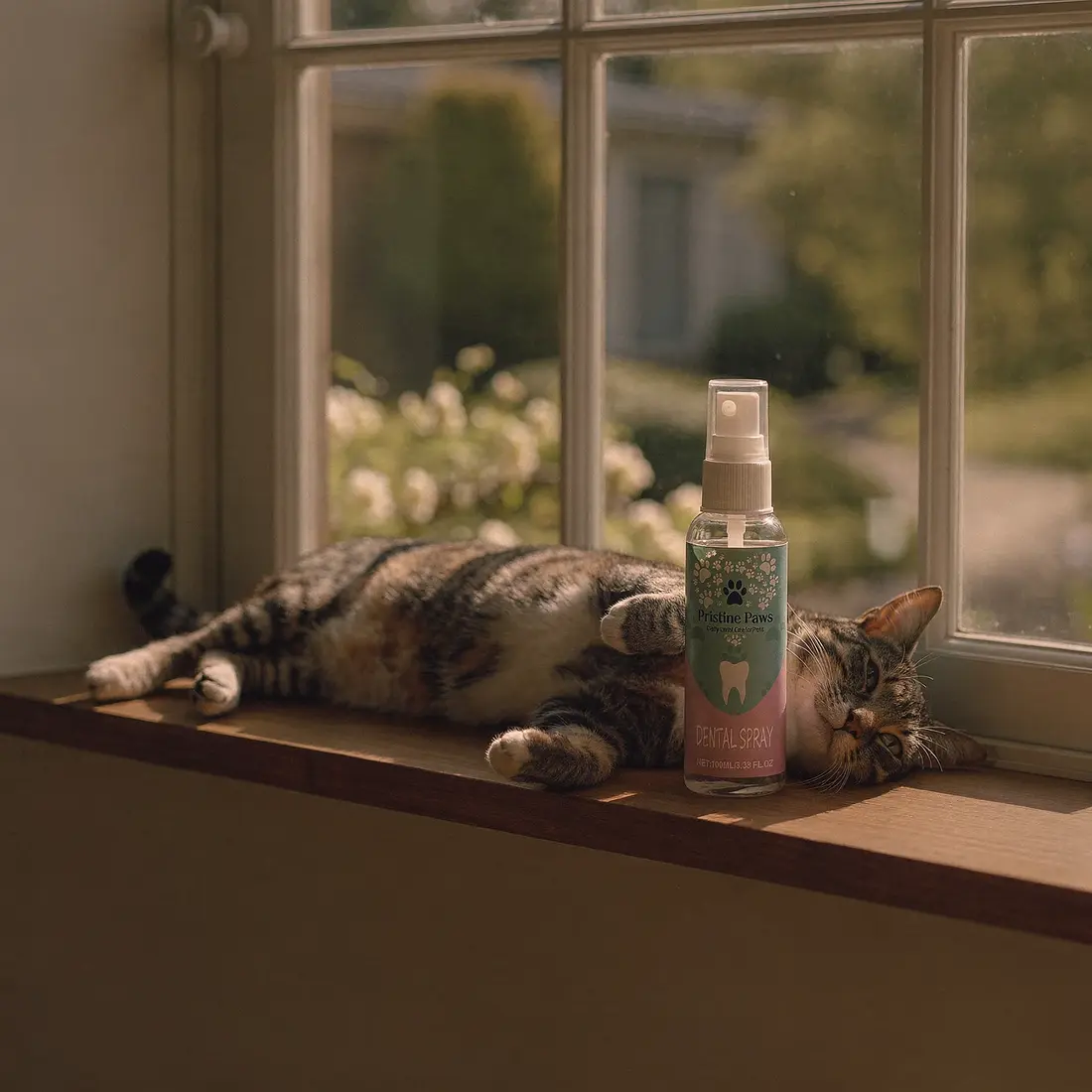 Pristine Paws dental spray bottle beside a content cat