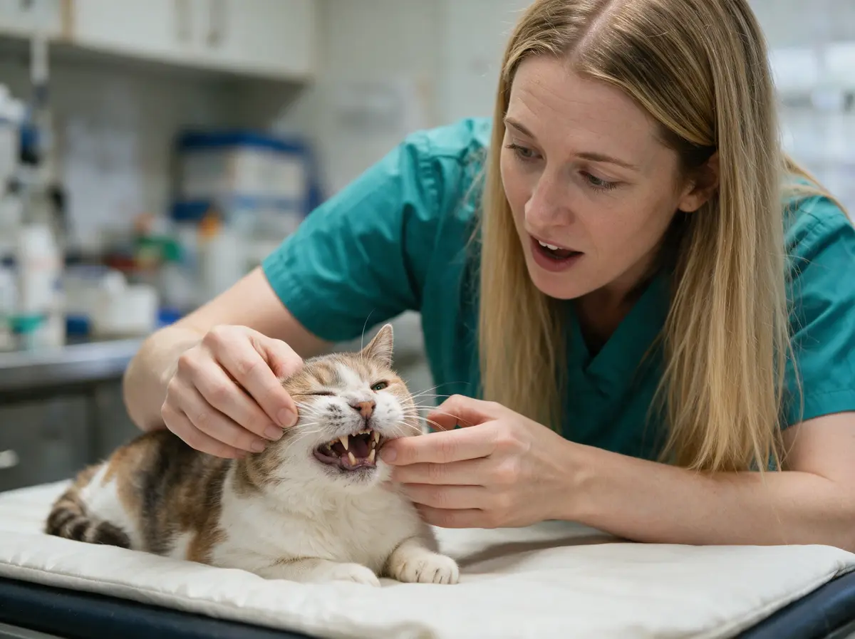 A veterinarian examining a senior cat's surprisingly healthy teeth